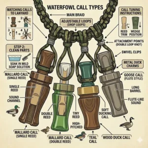 A technical vector illustration showcasing different waterfowl reed types on a specialized duck call lanyard with calls.