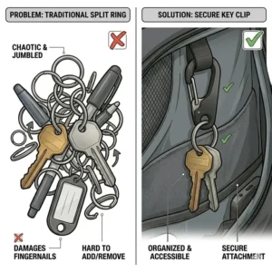 A visual comparison showing the space-saving benefits of a key clip versus a messy key ring.
