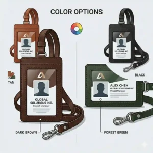 A collection of leather badge holder options in tan, dark brown, black, and navy blue colors.