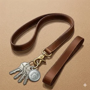 A sleek leather lanyard attached to a set of silver house keys.