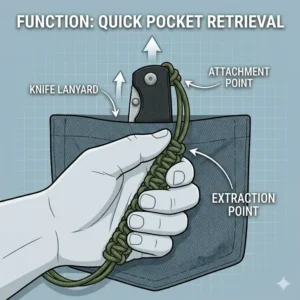 Illustration showing a person’s hand pulling a folding knife out of a jeans pocket by gripping the exposed knife lanyard.
