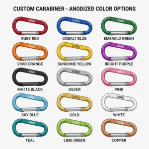 A vibrant graphic display showing the wide range of anodized color finishes available for wholesale custom carabiner orders.
