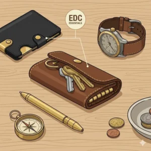 A flat lay illustration of everyday carry essentials including a wallet, watch, and a sleek leather key holder.