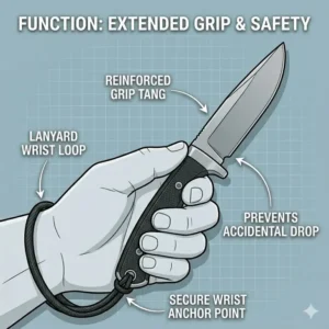 Line drawing illustrating a wrist loop knife lanyard attached to a fixed blade knife to prevent slipping during heavy outdoor use.