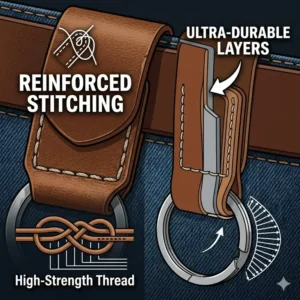Detailed view of the reinforced stitching and durable construction of a professional belt key holder.