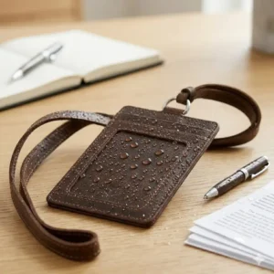 Diagram showing how a snap-button belt loop key holder wraps securely around a standard leather belt.