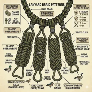 A visual guide comparing different paracord weave styles used to build a durable duck call lanyard with calls.