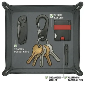A modern everyday carry flat lay including a minimalist metal key clip and other essentials.