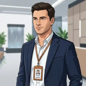 A professional in business casual attire wearing a tan leather badge holder with a neck lanyard.