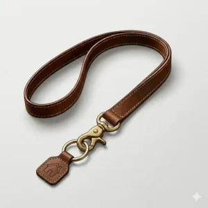 A minimalist-style leather lanyard shown in a clean, bright studio setting.