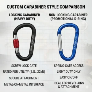 Comparison illustration showing a heavy-duty locking custom carabiner next to a standard D-ring promotional clip.