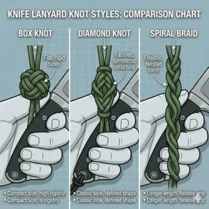 Comparison chart illustrating three different knife lanyard styles, including the box knot, diamond knot, and spiral braid.