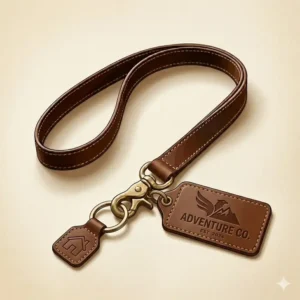 A personalized leather lanyard featuring custom embossed branding.