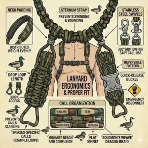 An ergonomic diagram showing the correct chest positioning and fit of a loaded duck call lanyard with calls on a hunter.