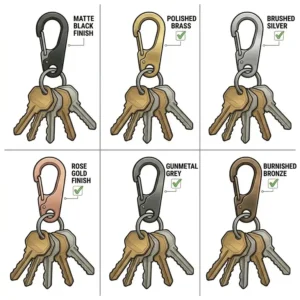 A showcase of various metal finishes and colors available for the modern key clip.