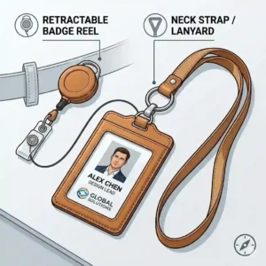 Illustration showing a leather badge holder attached to a retractable belt clip and a neck strap.