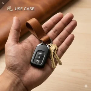 Detailed view of the durable metal clasp and hardware on a leather key chain.