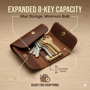 A graphic illustration showing a leather key holder holding up to eight different keys securely.