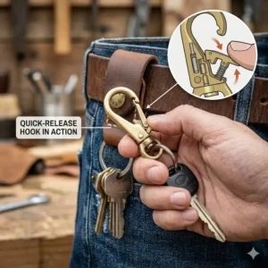 A person using the quick-release function to detach car keys from a belt key holder hook.