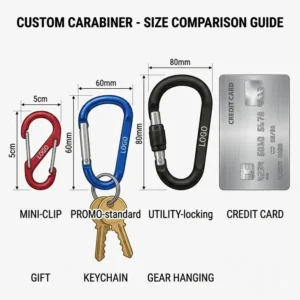 Size guide for custom carabiner models showing the difference between small 5cm clips and large 8cm utility gear.