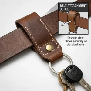 The reverse side view showing how the belt key holder loop slides securely onto a standard leather belt.
