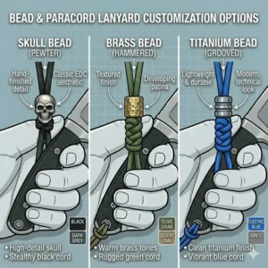 Graphic display showcasing various color combinations of paracord knife lanyard options styled with skull, pewter, and brass decorative beads.