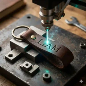 A laser engraving machine precisely cutting a personalized key chain with name onto a leather strap.