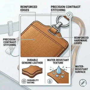 Close-up graphic showing the water-resistant texture and reinforced edges of a genuine leather badge holder.