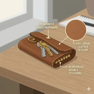 An illustration highlighting the reinforced stitching and full-grain leather texture of a durable key holder.