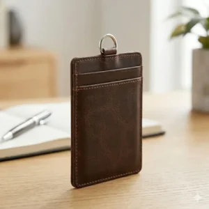 A row of belt loop key holder units in various leather colors including black, cognac, and dark brown.