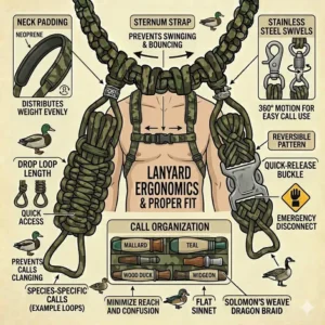 A detailed breakdown of the heavy-duty components and hardware that make up a premium duck call lanyard with calls.