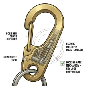 Close-up of the safety locking mechanism on a heavy-duty key clip to prevent accidental loss.