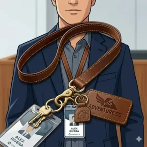 A person wearing a comfortable and stylish leather lanyard around their neck.