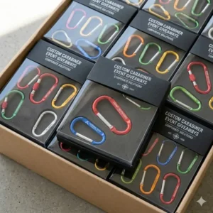 Bulk order of custom carabiner units individually packaged with branded cards for corporate event giveaways.