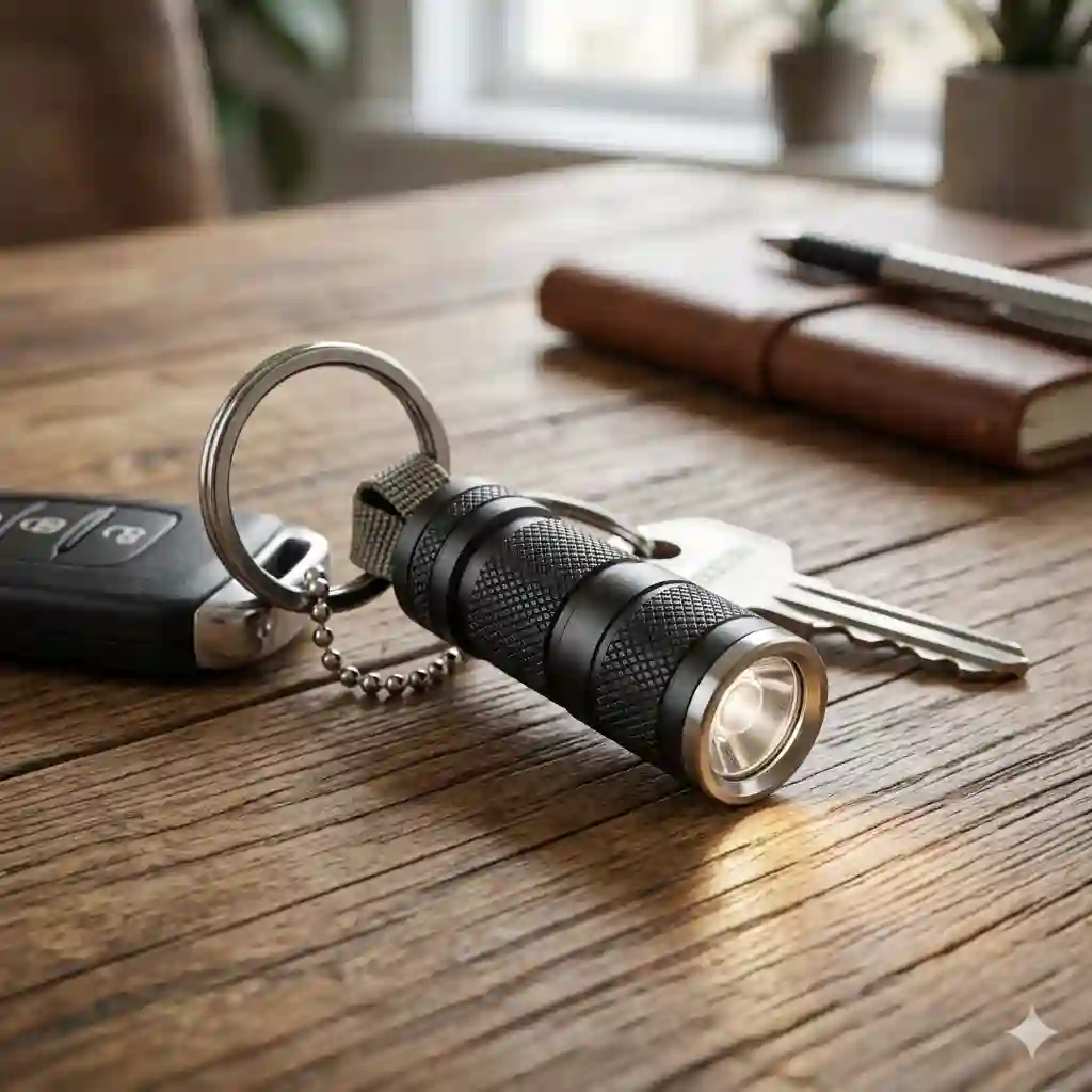 A compact mini flashlight keychain attached to a set of car keys on a wooden table, showcasing its small size and everyday carry design.