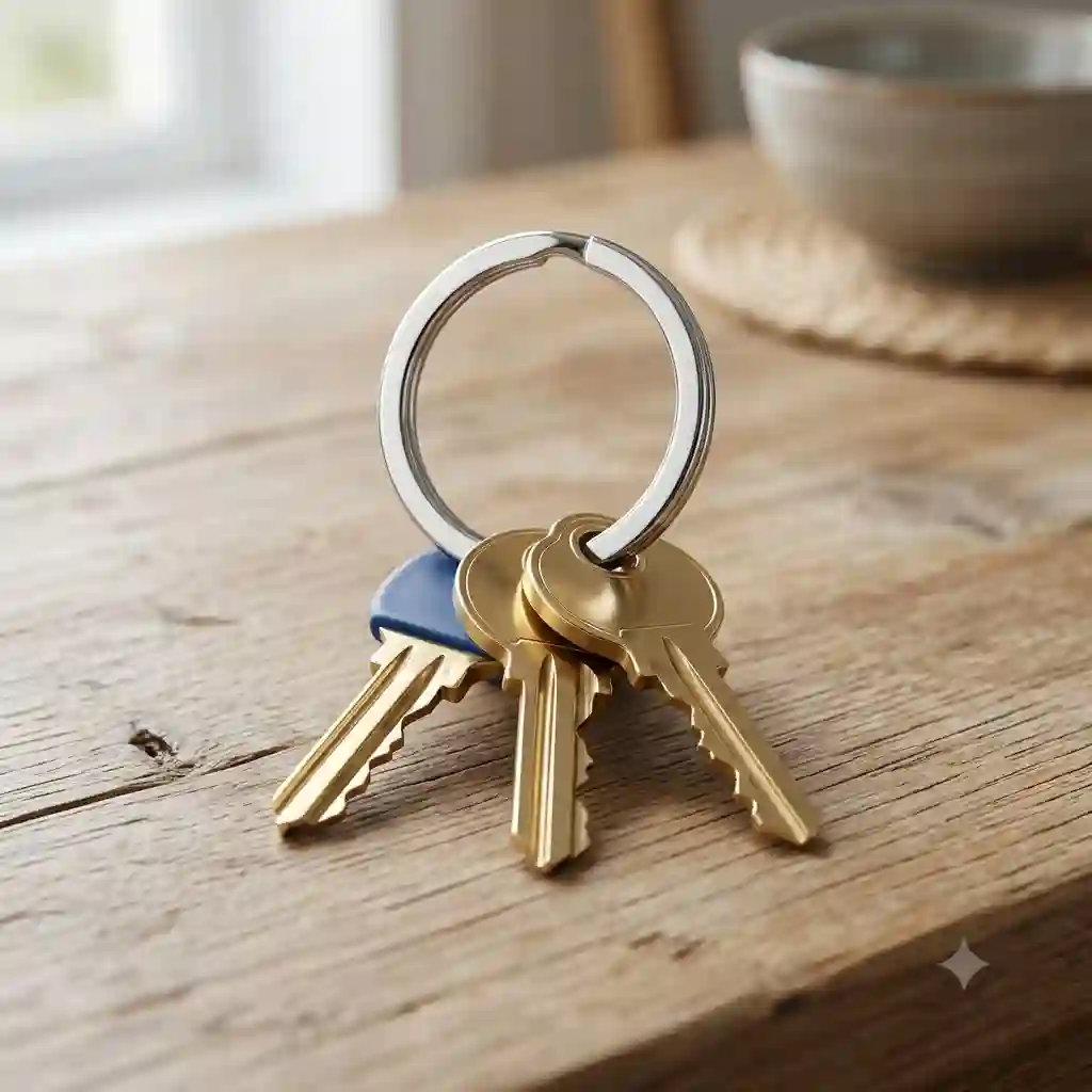 A classic silver metal ring key ring holding a set of house keys on a wooden table.