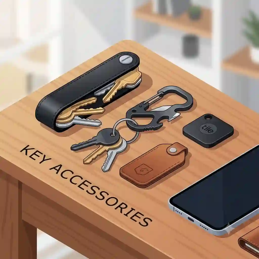 1: A curated collection of everyday carry key accessories, including a leather organizer, a multi-tool carabiner, and a minimalist key fob arranged on a wooden desk.