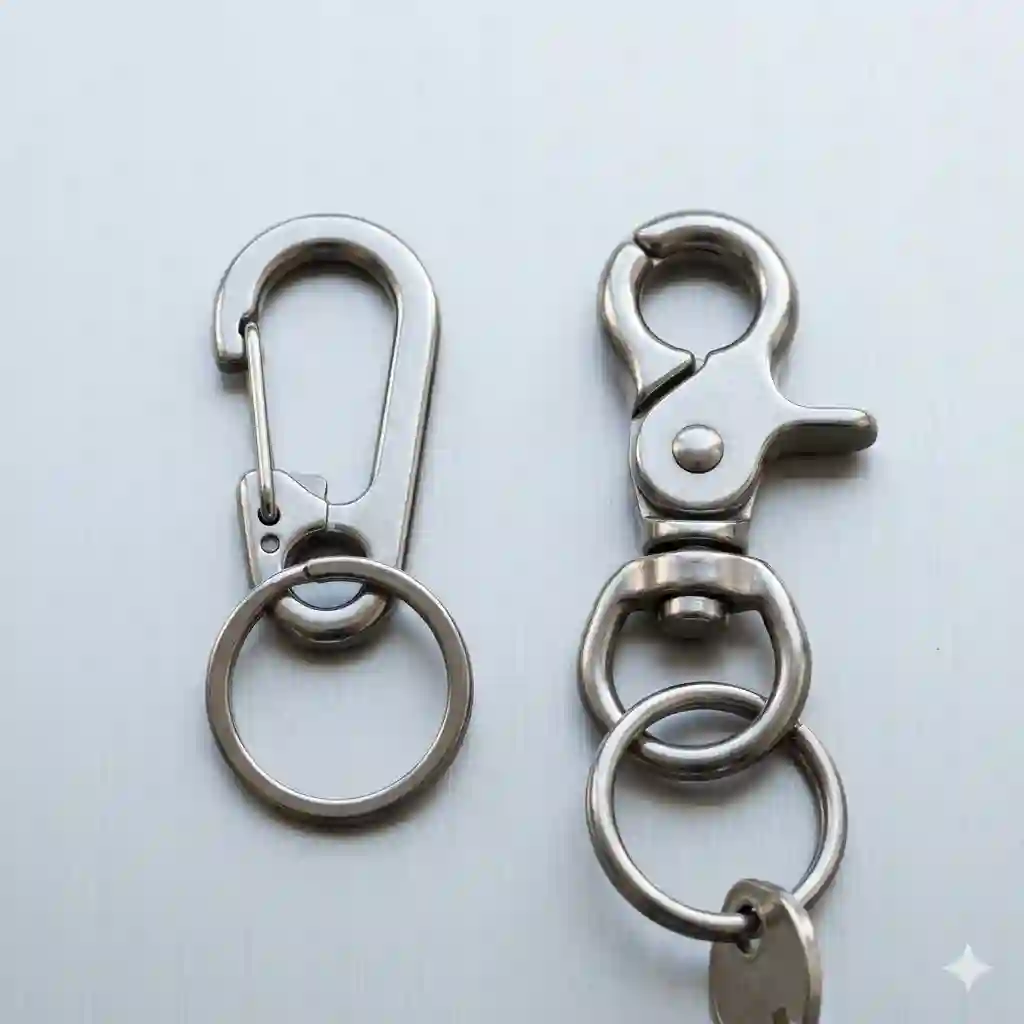 High-quality stainless steel key ring clips on a minimalist background, showcasing durable dual-ring attachments for everyday carry.