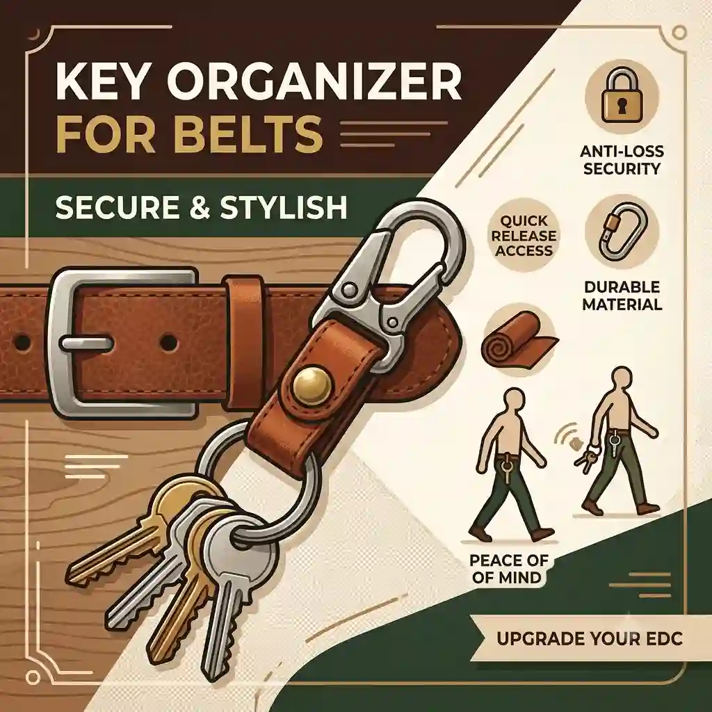 A close-up shot of a brown leather belt key chain holder securely attached to a man's waist belt, holding a set of house keys.