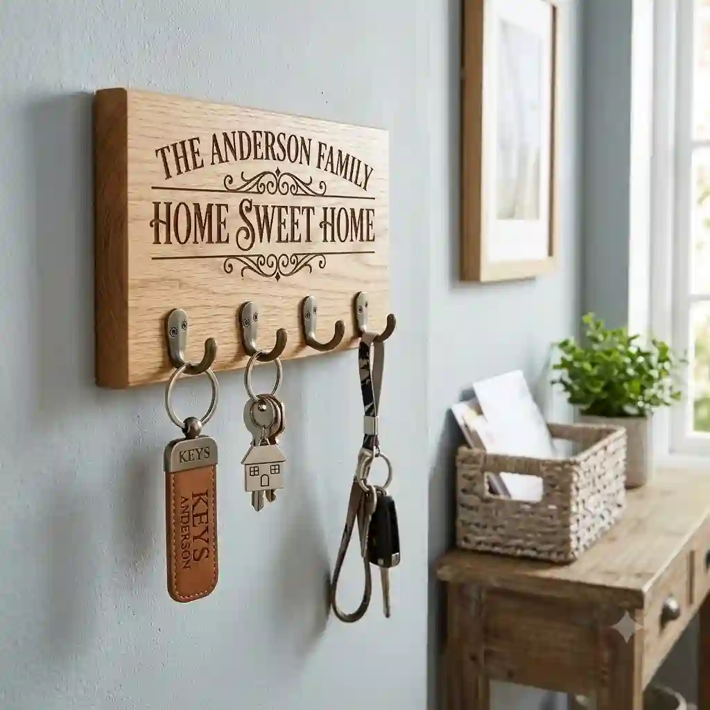 A modern wooden personalized key holder mounted on an entryway wall featuring an engraved family name and four metal hooks.