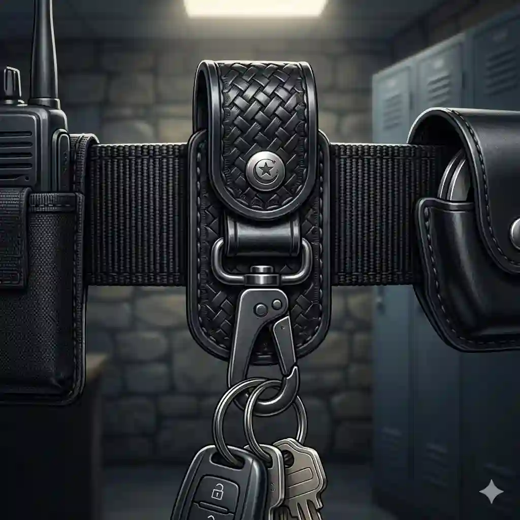 A close-up of a premium black leather duty belt key holder securely attached to a law enforcement officer's utility belt.