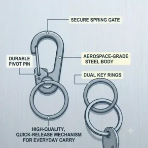 Vector illustration breaking down the anatomy of carabiner key ring clips, highlighting the secure spring gate and quick-release mechanism.
