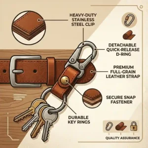 An infographic diagram labeling the heavy-duty stainless steel clip and premium full-grain leather of a belt key chain holder.