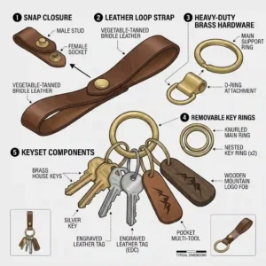 A detailed diagram showing the components of a heavy duty belt loop keychain including the snap closure and key ring.