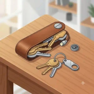 An illustration of a sleek, compact leather key accessories holder demonstrating how to organize multiple keys without bulk.