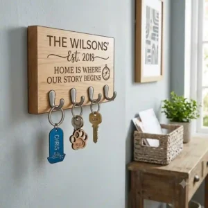 An illustration showing different font styles and icon options for creating a personalized key holder.