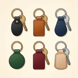 An illustration showcasing a variety of custom leather key ring designs in different colors like black, tan, and navy blue.