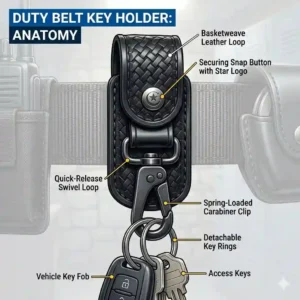 A labeled diagram detailing the components of a heavy-duty duty belt key holder, including the snap button and metal clip.