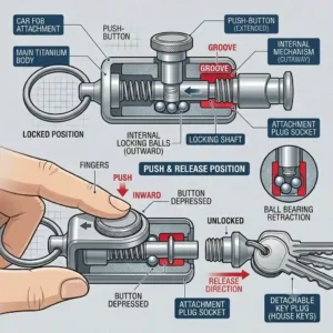A diagram illustrating the push-button mechanism of a detachable quick release key ring.