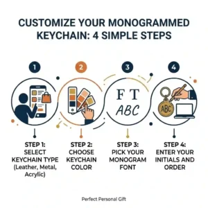Step-by-step illustration showing how to select initials for a custom monogrammed keychain.